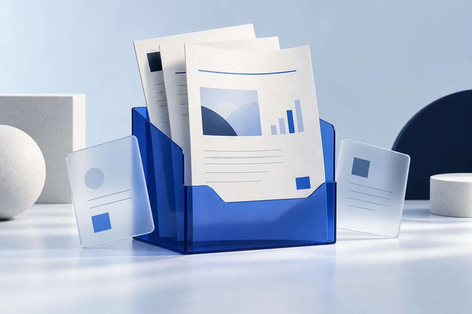 Client-ready documents in a cobalt folder, surrounded by translucent source cards.
