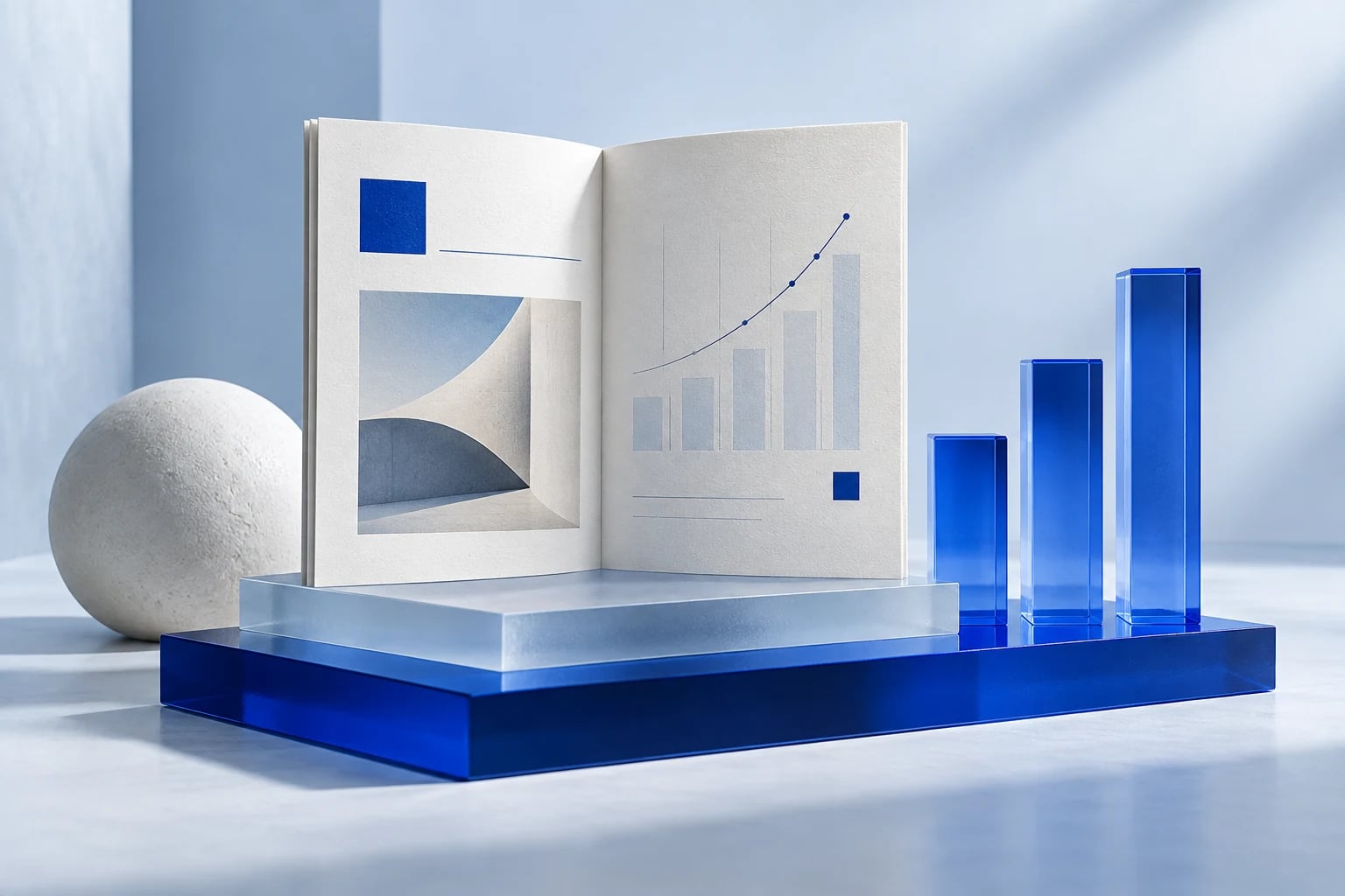 An open strategy document beside rising cobalt glass columns.