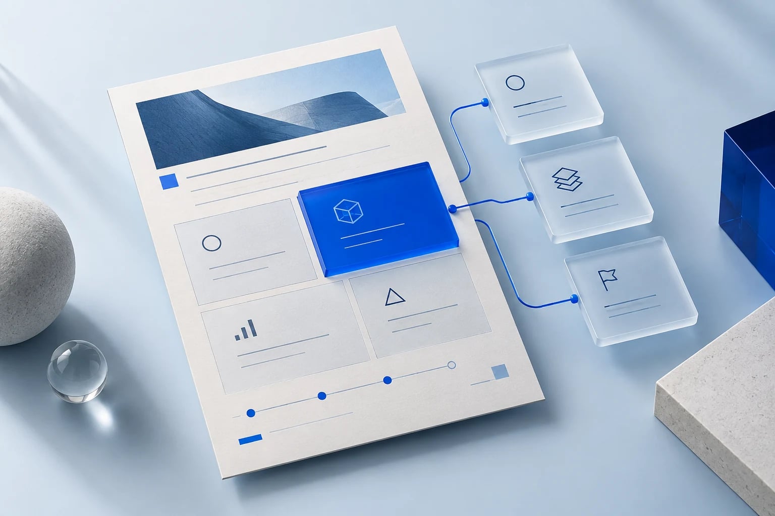 A structured product plan connected to translucent roadmap cards.