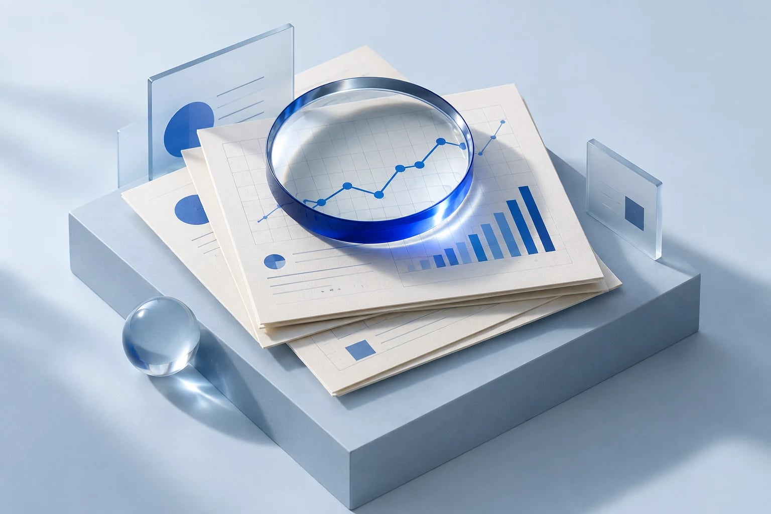 A blue glass lens brings research charts and supporting evidence into focus.